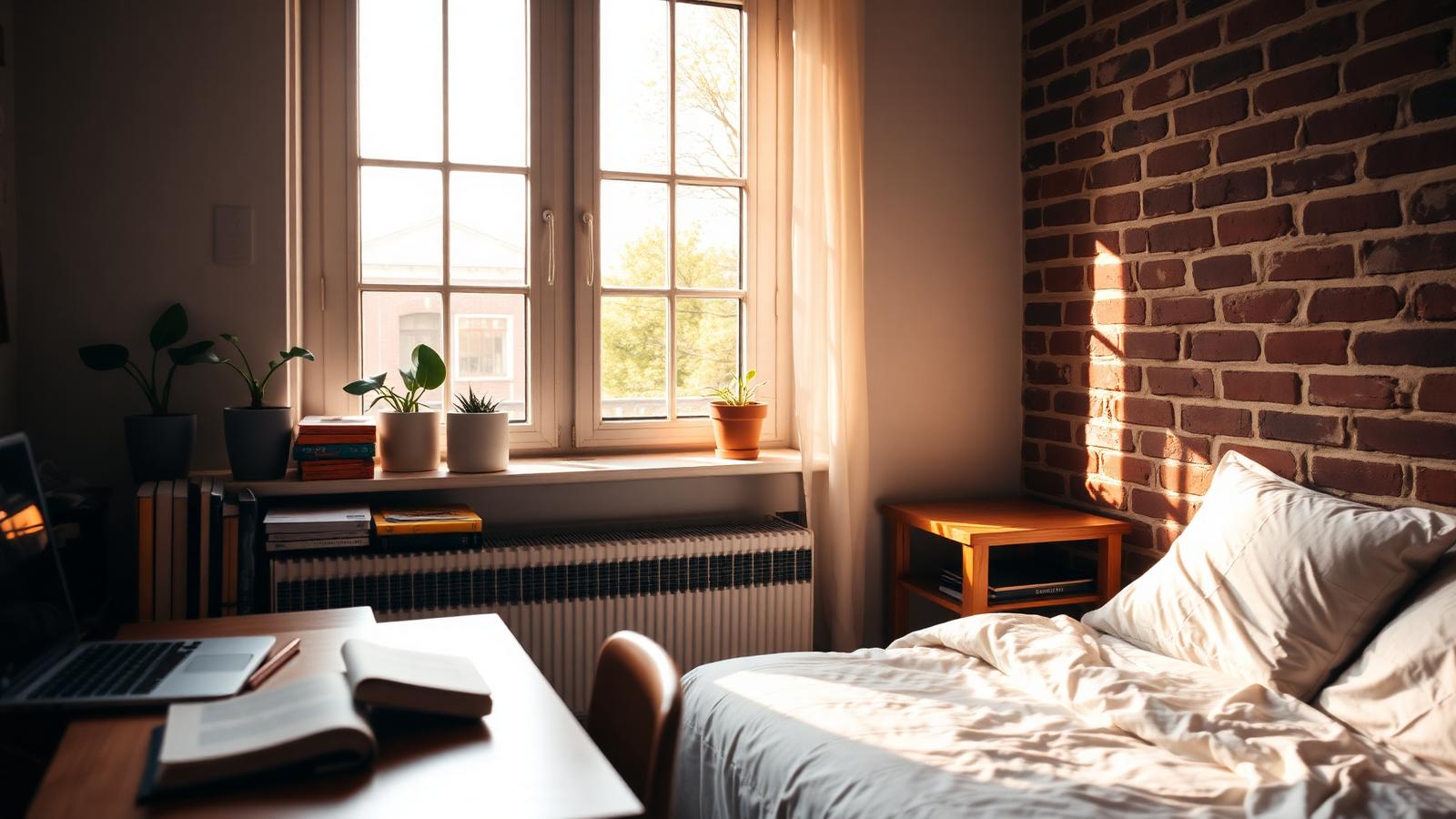 Sunlit student kot in Leuven with a wooden desk, books, plants on the windowsill and a single bed against an exposed brick wall