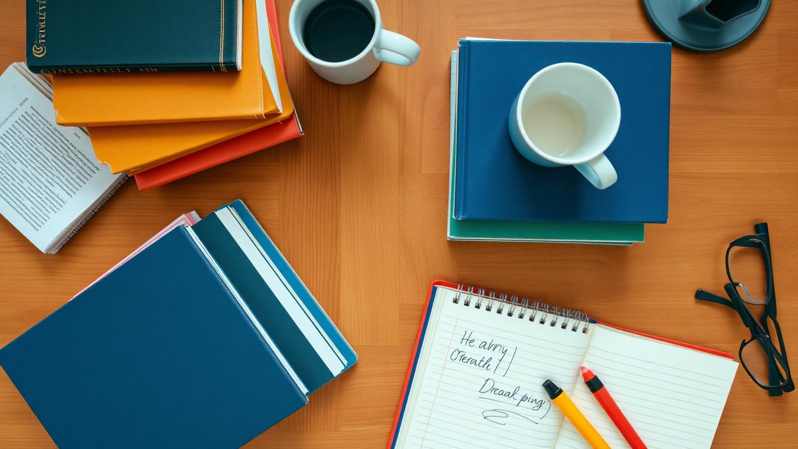 Top-down view of stacked second-hand university textbooks, a notebook with handwritten notes, a coffee mug and reading glasses on a wooden desk